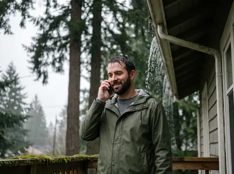 A man in a rain jacket on a covered porch talks on the phone while rain pours over a clogged gutter behind him.