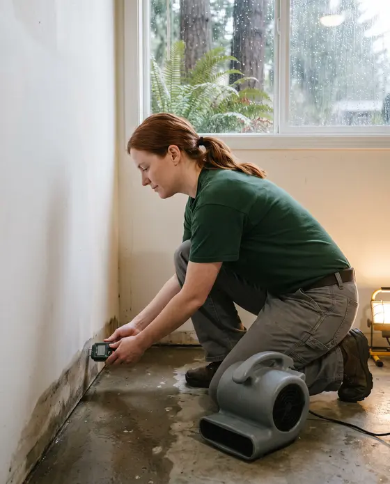 A restoration technician kneels on a wet basement floor and checks the bottom of a water-stained wall with a moisture meter while rain runs down the window behind her.