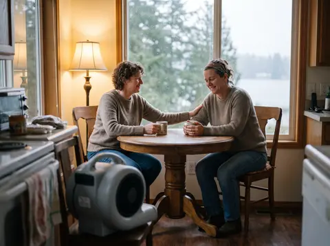 Two women share tea at a kitchen table and smile while a fan dries the floor, rain and evergreens outside.
